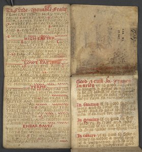 追加。 17367、年鑑からの f.1r、ドミニカル文字と黄金の数字の表を含む。 移動可能なごちそうを見つけるための指示。 聖人のカレンダー、エポック、英国の主権者のリスト、天気予報、黄道十二宮の影響 (vellu 作： English School
