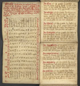 追加。 17367、年鑑からの f.2r、ドミニカル文字と黄金の数字の表を含む。 移動可能なごちそうを見つけるための指示。 聖人のカレンダー、エポック、英国の主権者のリスト、天気予報、干支の影響 (vellu 作： English School