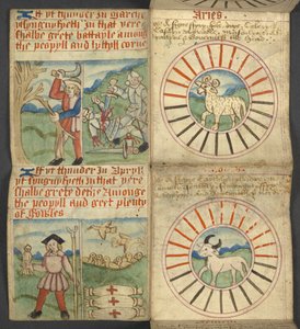 追加。 17367, f.4r Aries & Taurus, from Almanac, ドミニカル文字と黄金数の表を含む; 移動可能なごちそうを見つけるための指示。 聖人のカレンダー、エポック、英国の主権者のリスト、天気予報、t の兆候の影響 作： English School