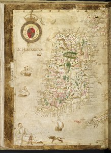 追加。 62540、ff.3v-4、英国とアイルランドの地図、「Nowell-Burghley Atlas」から、アイルランドの詳細、1564 年頃（ベラム） 作： English School
