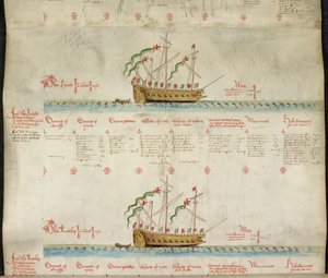 「The Anthony Roll」から MS 22047 f.2r、ガレアスの心臓とガレアスのカモシカを追加 作： English School