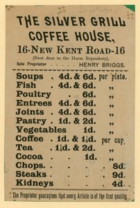 The Silver Grill Coffee House、16 New Kent Road、ロンドンの広告 作： English School