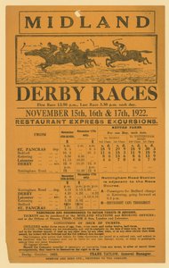 1922年11月15〜17日、ミッドランドダービーレースへの鉄道ツアーの広告 作： English School