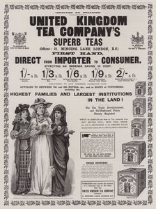 United Kingdom Tea Company」の広告（彫刻）。 作： English School