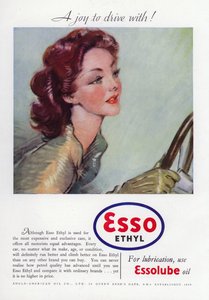 エッソエチルオイルの広告、魅力的な女性の運転を示す、1937年 作： English School
