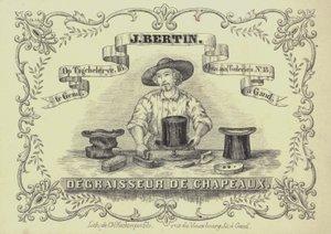 ベルギー、ゲントの帽子職人J Bertinの広告（リトグラフ版 作： English School