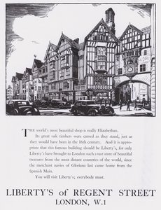 ロンドン、リージェント・ストリートのLibertysの広告、1944年頃（木版画 作： English School