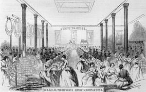 トムソンのスカート製造の広告、「Harpers Weekly」、1859年 作： English School
