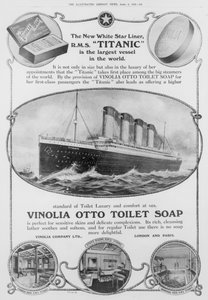 イラストレイテッド・ロンドン・ニュース』1912年4月6日号に掲載された、「タイタニック号」で使用されたヴィノリア・オットー・トイレ・ソープの広告（モノクロ写真）。 作： English School