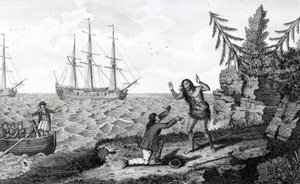 ムーアの航海と旅行から取られたイラスト、1778年の2人のモキト男性のインタビュー、1778年 作： English School