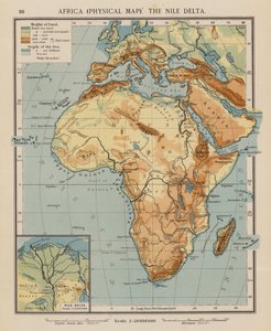 アフリカ、物理地図、ナイル・デルタ（カラーリトグラフ） 作： English School