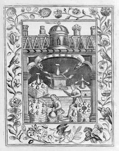 エリアスアシュモレ作のTheatrum Chemicum Britannicum、1652年に撮影されたさまざまな形の炉と容器を示す錬金術研究所 作： English School