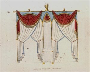 アルコーブの窓のカーテン、1824年発行のアッカーマンの「芸術のリポジトリ」のプレート141（カラーリトグラフ
