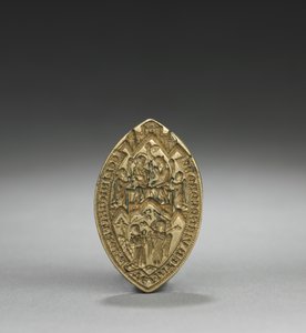 アーモンドの形をしたシール：ひざまずく僧侶との聖母の戴冠式、1300年代 作： English School