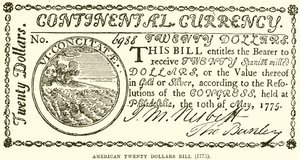 アメリカの20ドル紙幣（1775） 作： English School