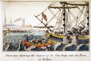 ボストンで茶船の積荷を川に投げ込むアメリカ人（『北アメリカ史』パブより）。ロンドン 作： English School