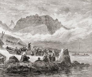 1886年に出版されたサミュエルG.グリーンの「ペンと鉛筆で描いたスコットランドの絵」からのインナーヘブリディーズスカイ島の野外サービス 作： English School