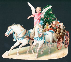 プレゼントを届ける馬に乗った天使、クリスマスカード 作： English School