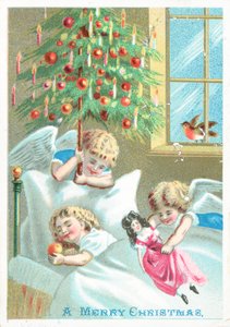 ベッド、クリスマスカードで子供を見ている天使 作： English School