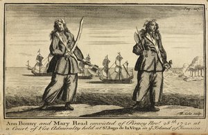 「アン・ボニーとメアリー・リードは、1720 年 11 月 28 日、ジャマイカ島のセント・ジャゴ・デ・ラ・ベガで開催された副海事裁判所で海賊行為で有罪判決を受けた」