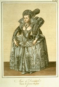 デンマークのアン（1574-1619）ジェームズ1世の妻、 『イギリス国民の服と習慣の完全な眺め』第2巻のイラスト、1799年発行 作： English School