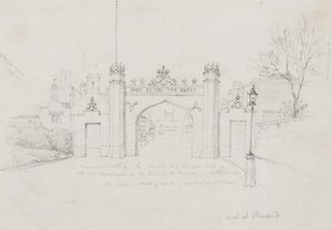 Stamfordのアーチ、Burghley Houseに向かうVictoria女王とPrince Albertを歓迎するために建てられたもの（鉛筆、紙 作： English School