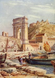 トラヤヌスの凱旋門とイタリア、アンコーナの港 (カラー リソ) 作： English School