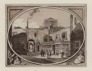 1790年頃のSquill Auction Roomに隣接するSavill Row Passageの印刷販売者Archibald Roberton 作： English School