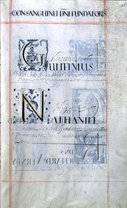 Archive 3693 f.46 オックスフォードのニュー・カレッジの3人の後援者をリストアップしたページ。ガリエルマス、ナサニエル、ベネファクション・ブックより 作： English School