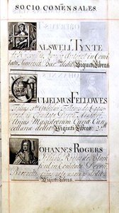 Archive 3693 f.63 オックスフォード大学ニュー・カレッジの3人の恩人、Halswell Tynte、Gulielmus Fellowes、Johannes Rogersをリストアップしたページ（Benefaction Bookより）。