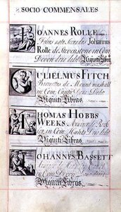 Archive 3693 f.65 オックスフォード大学ニュー・カレッジの4人の後援者、Joannes Rolle、Gulielmus Fitch、Thomas Hobbs Weeks、Johannes Bassettの一覧ページ（Benefaction Bookより 作： English School