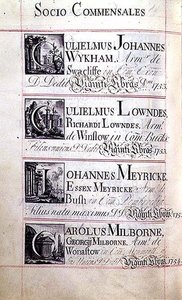 Archive 3693 f.94v オックスフォード大学ニュー・カレッジの4人の恩人のリストページ：Gulielmus Johannes Wykham、Gulielmus Lowndes、Johannes Meyricke、Carolus Milborne 作： English School