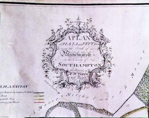 Archive 5629 「A Plan of Hall and Pitt farms in Parish of Mitchelmarsh in County of Southampton, Mr. W. Goffe, by Richard Randall, the Land Surveyor」と書かれた地図の説明用カルトゥーシュ 作： English School