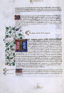 アーカイブ9432 f.15v ロバート・シャーボーンまたはシャーバーン（1450年頃～1536年頃）のチチェスター司教の創始書からの、照明されたイニシャルのあるテキストのページ（ヴェラム製） 作： English School