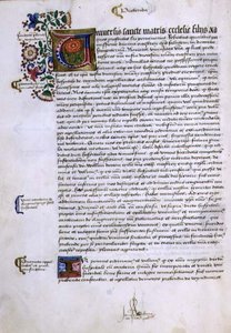 アーカイブ9432 f.17v ロバート・シャーボーンまたはシャーバーン（1450年頃～1536年頃）のチチェスター司教の創始書からの、照明されたイニシャルのあるテキストのページ（ヴェラム製） 作： English School