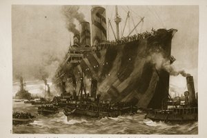 1914〜19年に12,000人のアメリカ軍が搭乗した、ドイツの旅客機であるファーターランドを輸送するアメリカの輸送船、リヴァイアサンがフランスに到着 作： English School