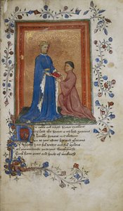 Arundel 38, f.37 Thomas Hoccleve esittelee kirjan Lancasterin prinssi Henrylle, kuvituksen teoksesta "De regimine principum" 作： English School