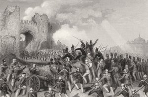 1857年に出版された「インディアン反乱の歴史」からの1857年9月14日のデリーの襲撃とカシミア門の捕獲 作： English School