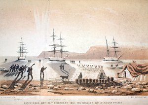 アシスタンスベイ、1851年2月24日、最も寒い日。マーキュリーフローズン、航海からバフィンズベイ、バロー海峡までのイラスト...、1852年（手描きの彫刻） 作： English School