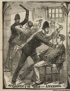 刺す試み - リバプール、「Illustrated Police News」より、1884 年 9 月 27 日 (彫刻) 作： English School