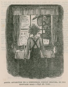 1846年9月30日、ロンドンのエッジウェアロードでの、シェービング中の紳士への恐ろしい出現 作： English School