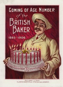 21本のろうそく付きケーキを持つベイカー（カラーリトグラフ 作： English School