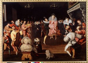 イングランド宮廷での舞踏会 ミュージシャンやダンサーたち。16世紀のイギリス派の絵画。ロンドン、ナショナル・ポートレート・ギャラリー