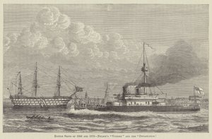 1800年と1875年の戦艦、ネルソンの「ヴィクトリー」と「デヴァステーション」（エングレーヴィング）