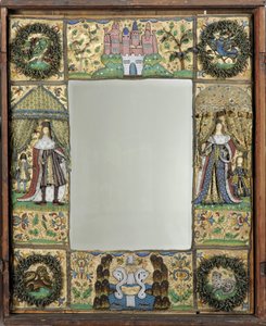 ビーズワークミラー、c。 1672-79年（オークのケースに入ったシルクサテン地にガラスビーズとスパンコールをあしらったシルク、メタル、レザーの糸） 作： English School