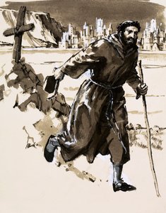 エルドラドを発見したと信じて十字架を立てた修道士（紙にガッシュ 作： English School