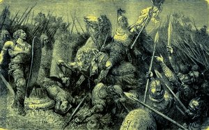 ベリサリウスは、ゴスに対してローマ軍を率いています。イラスト付きの世界の歴史からのイラスト、1880年に出版されたもの（デジタル処理された画像） 作： English School