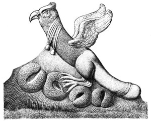 翼を広げた鳥と4つの卵の上に座った男根の尾、フランスのニームのガロロマン彫刻 作： English School