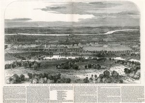 クリスタルパレスと周辺国の鳥瞰図、すばらしい展示会、1851年 作： English School