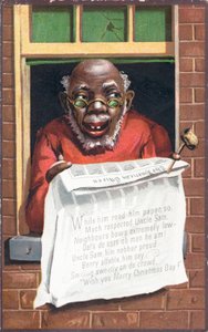 新聞を読む黒人男性、クリスマスカード 作： English School